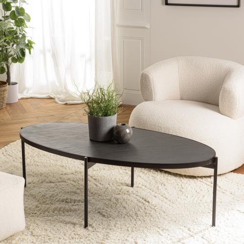 Table basse ovale noire plateau effet pierre pieds en métal BASILE Macabane  - Salon meuble deco