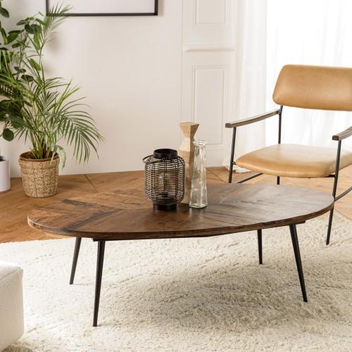 Table basse ovale en bois recyclé plateau chevrons KIARA Macabane  - Salon meuble deco macabane