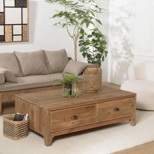 Table basse rectangulaire avec 4 tiroirs bois Pin recyclé SANDY Marron Macabane  - Salon meuble deco macabane