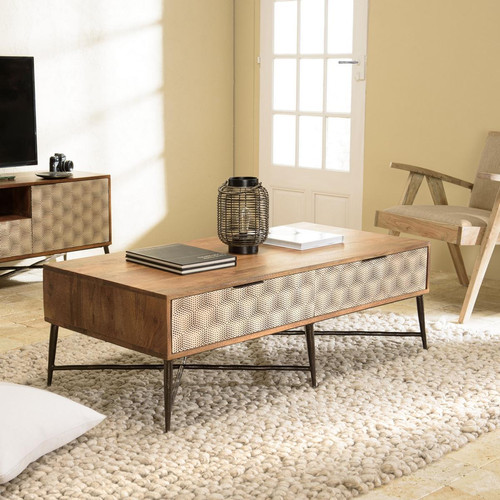 Table basse rectangulaire en bois de manguier 2 tiroirs ALIX - Nouveautes salon