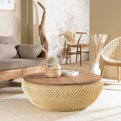 Table basse ronde 100x100cm en rotin beige plateau amovible  Macabane  - Salon meuble deco macabane