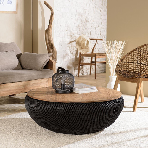 Table basse ronde 100x100cm en rotin noir plateau amovible  Macabane  - Salon meuble deco macabane