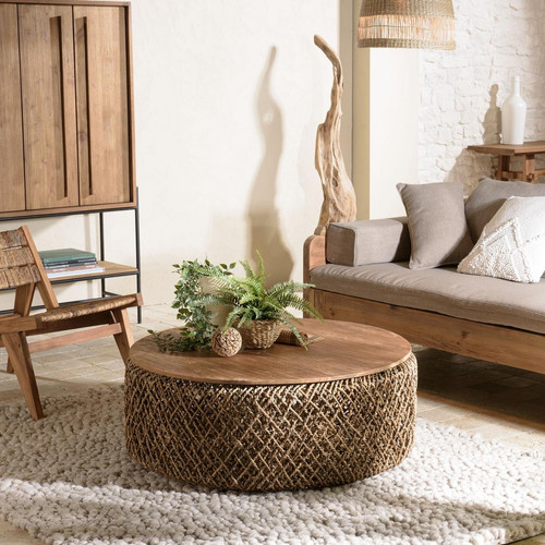 Table basse ronde 100x100cm en tissage de fibre de cocotier Macabane  - Salon meuble deco macabane