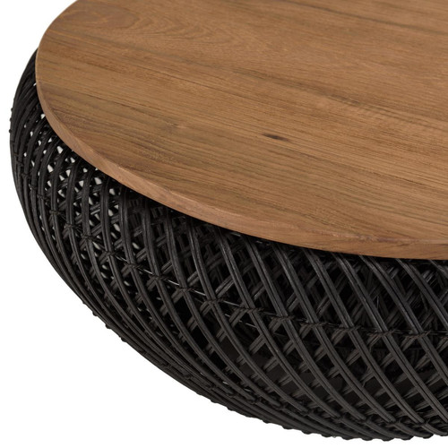 Table basse ronde 65x65cm en rotin noir plateau amovible