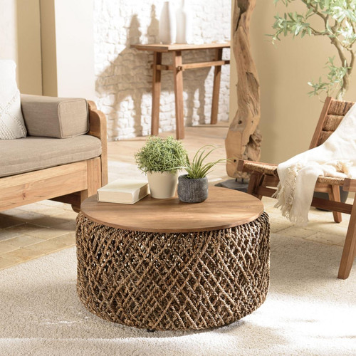 Table basse ronde 70x70cm en tissage de fibre de cocotier  Macabane  - Macabane meubles