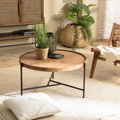 Table basse ronde 78x78cm plateau en bois de teck recyclé  - Macabane - Salon meuble deco