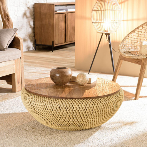 Table basse ronde 80x80cm en rotin beige plateau amovible  Macabane  - Salon meuble deco macabane