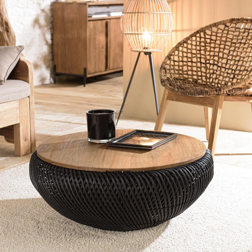 Table basse ronde 80x80cm en rotin noir plateau amovible  - Macabane - Salon meuble deco