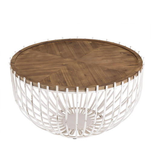 Table basse ronde 83x83cm plateau naturel pieds métal blanc  VICTOIRE - Nouveautes deco design
