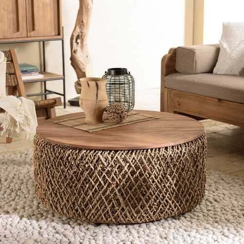 Table basse ronde 85x85cm en tissage de fibre de cocotier  Macabane  - Salon meuble deco