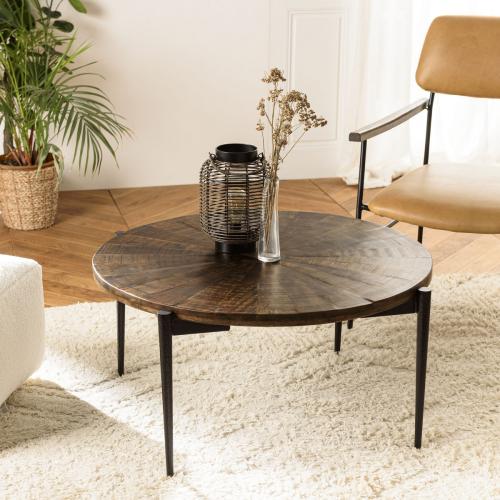 Table basse ronde en bois recyclé et pieds en métal KIARA Macabane  - Table basse marron