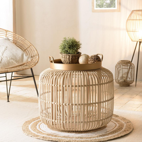 Table d’appoint avec poignées plateau métal doré pieds rotin  VICTOIRE - Macabane - Deco meuble design scandinave