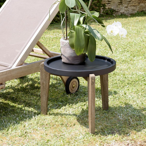 Table d’appoint plateau béton noir mat pieds acacia HECTOR Macabane  - Macabane meubles