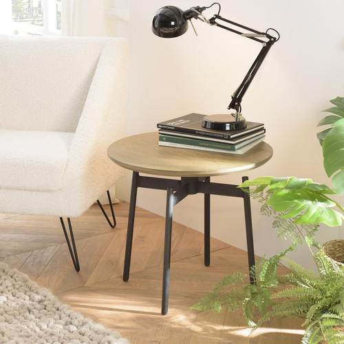 Table d’appoint ronde marron foncé 55x55cm pieds métal noir ALMA Macabane  - Console bois design