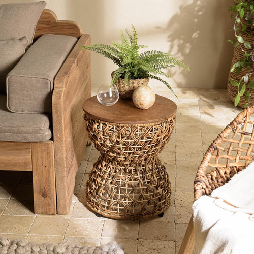 Tabouret beige assise en bois de teck recyclé  - Macabane - Salon meuble deco