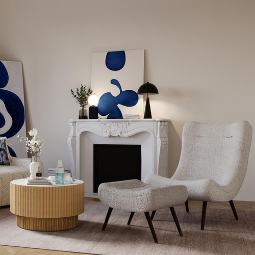 Fauteuil lounge en tissu bouclette avec repose-pieds MARCELLO gris-crème - POTIRON PARIS - Salon meuble deco