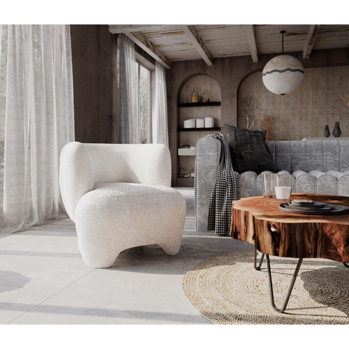 Fauteuil design en bois et  revetement en laine bouclée écrue NOA - POTIRON PARIS - Salon meuble deco