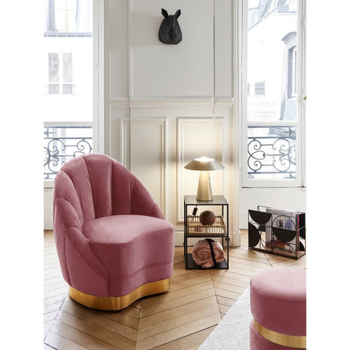 Fauteuil vintage en velours rose avec base cerclage doré effet laiton BETTY - POTIRON PARIS - Pouf et fauteuil design
