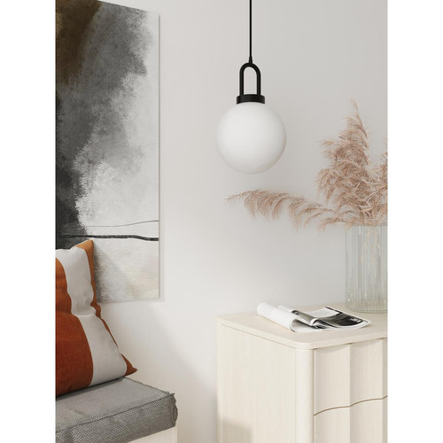 Lampe suspension vintage à globe blanc et métal noir LAFAYETTE - POTIRON PARIS - Promos deco design 50 a 60