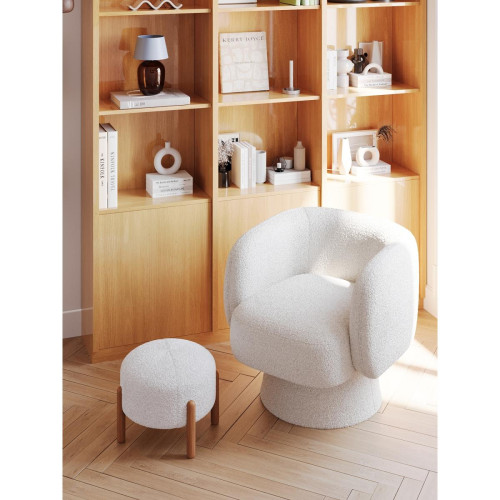Pouf laine bouclette blanche sur socle de bois CAMELIA  POTIRON PARIS  - Pouf et fauteuil design