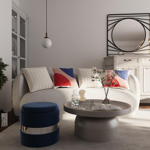 Pouf cylindrique velours avec rangement CAPUCINE bleu marine - POTIRON PARIS - Salon meuble deco
