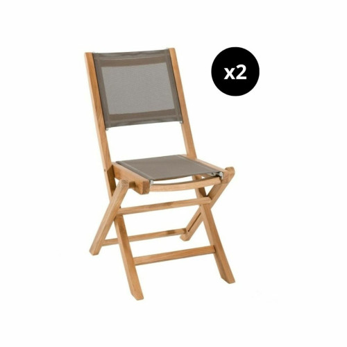 Ensemble de 2 chaises de jardin pliantes en bois Teck et textilène couleur taupe Macabane  - Chaise design et tabouret design