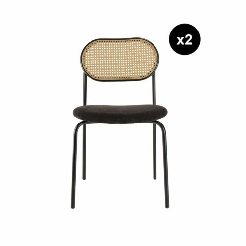Lot de 2 chaises assise tissu noir dossier effet cannage et métal LEA - Macabane - Lot de 2 chaises design