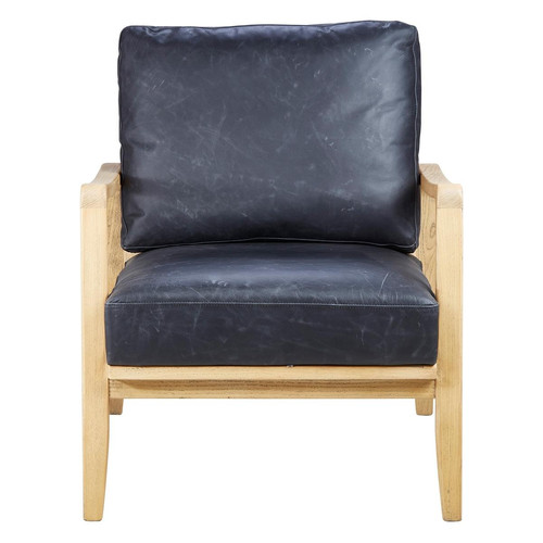Fauteuil cuir noir pieds frêne naturel Zago  - Pouf et fauteuil design